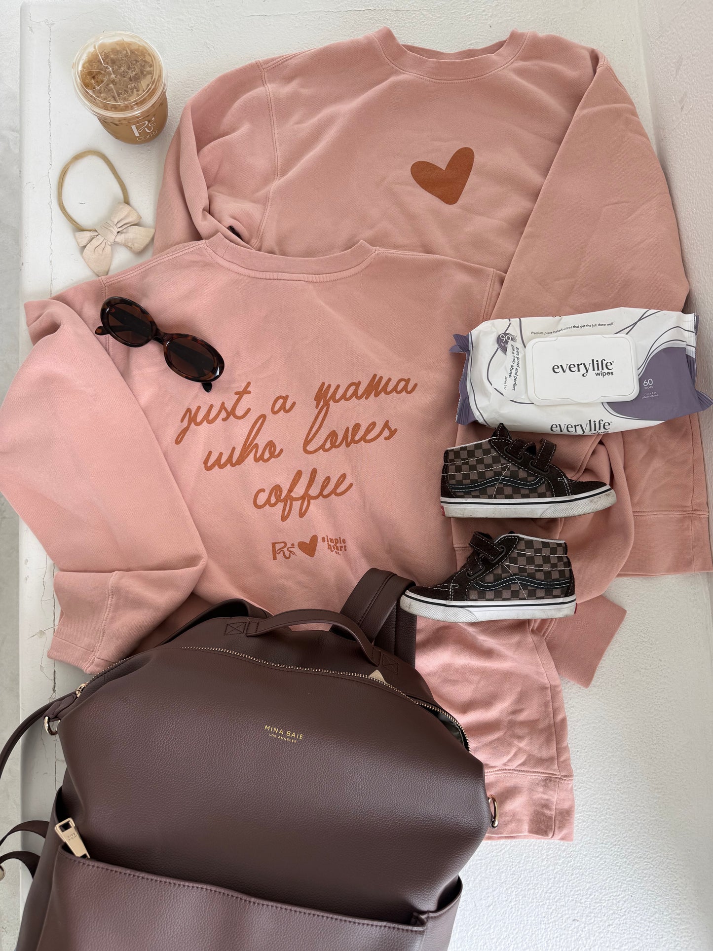 Just a Mama Who Loves Coffee Pink Crewneck Sweatshirt | Road Runner Coffee x Simple Heart Co