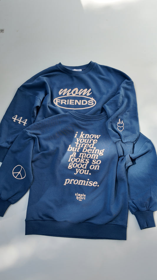 Blue Mom Friends sweatshirt with motivational motherhood quote and sleeve icons, cozy cotton blend crewneck